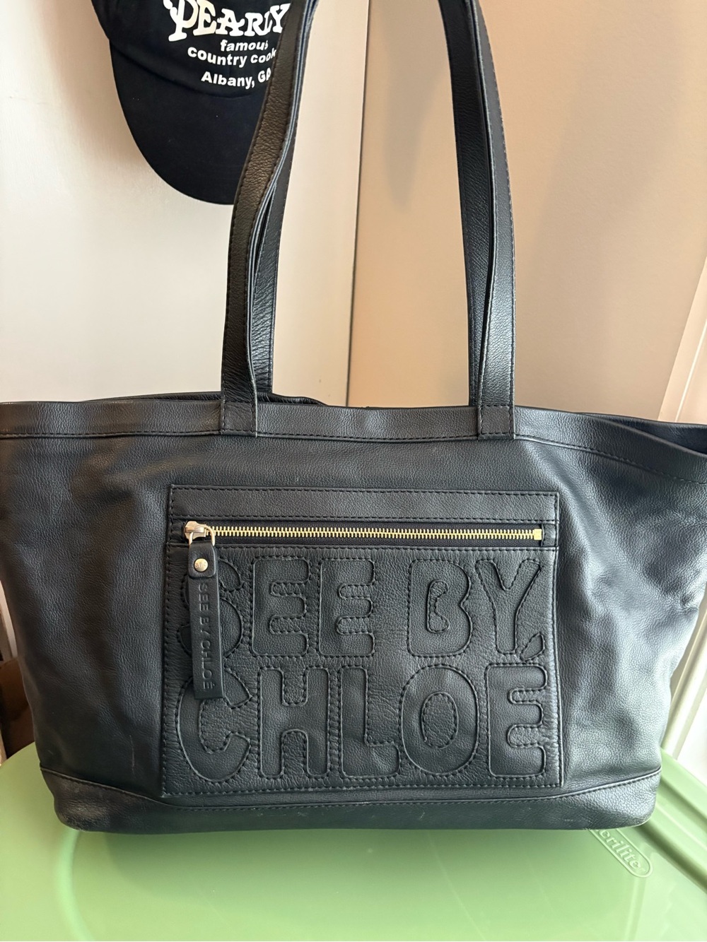 See by Chloé Black Leather Tote Bag Stitched Front Logo - Model 03-12-88-65